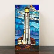 Self Adhesive Vinyl Refrigerator Wrap Set Nautical Lighthouse Stained Glass Artwork for Home Decor Door Mural Removable Fridge Sticker Peel and Stick Decal Rustic Kitchen Decor, Style 1