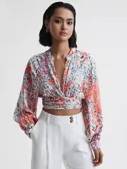 REISS ELLE FLORAL PRINT TIE FRONT CROPPED BLOUSE TOP IN CORAL/WHITE