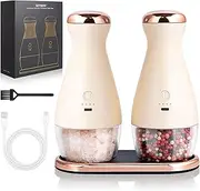 SETRON Gravity Electric Salt and Pepper Grinder Set, Adjustable Coarseness Rechargeable Automatic Pepper and Salt Mills One Handed Operation 2pcs,Apricot