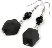 [Avalaya] Black Faceted Resin/Glass Bead Drop Long Earrings - 60mm Long, One Size, Plastic
