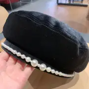 Lady Velvet Beanie Beret Cap Flat Hat Pearl Solid Military French Black Retro