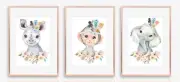 3 x A4 Nursery/Baby/Girls Wall Prints Tribal Animals Elephant Baby Shower Gift