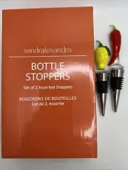 SANDRA ALEXANDRA Blown Glass Wine Bottle Stopper Set LEMON & Red CHILI PEPPER