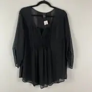 Torrid Chiffon Pintuck Blouse Size 1X Black Blue Polka Dot 3/4 Sleeves