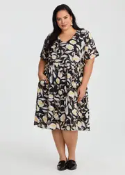 [Taking Shape] Taking Shape Natural Voile Print Dress Size 16 in Black / Yellow, Viscose - Plus Size Women's Dresses Black / Yellow