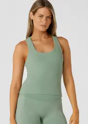 [Lorna Jane] Scoop Neck Rib Tank Top in Green, Cotton, Size - XS XS Washed Green Juice