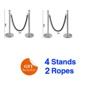 4 SILVER Queue Barriers Stand 2BLK VELVET Ropes Crowd Control Bollards Stanchion