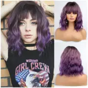 Ombre Purple Short Wigs Curly Bob Wig with Bangs Ombre Color Wavy Hair Wigs W...