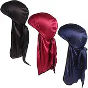 [T Tersely] Silk Durag 3 Pack Satin Durags for Men Women Pirate Caps Long Tail Head Wrap Beanie Hats Waves Silky Durag Cap