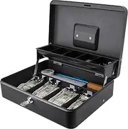 BARSKA CB13054 Key Lock 12" Register Style Cash Box with 4 Bill Holder and 5 Section Tray, Black, 9.5" x 12" x 3.5"