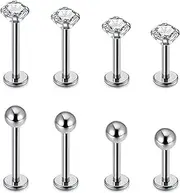 [wowled] 8 Pieces Internally Thread Labret Lip Stud, Stainless Steel Ear Cartilage Tragus Helix Piercing Lobe Earrings for Men Women, 3mm Ball & Cubic Zirconia 6/8/10/12mm