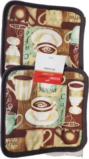 Set of 2 Same Printed Kitchen Pot Holders, MOCHA COFFEE CUPS, brown back, HC