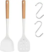 2 PCS Solid & Slotted Silicone Spatula with 2 PCS Hooks, Non-Stick Turners Kitchen Spatulas Cooking Utensils, Wooden Handle Heat Resistant Cookware Spatula for Baking Mixing Grilling Serving Food (2)
