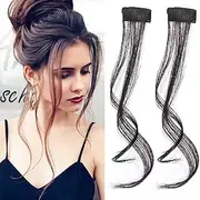 10" Natural Long Wavy Curly 3D Air Bangs Hair Clip in Extensions - 100% Remy Human Hair Front Side Clip on Fringe With Temples Hairpiece for Women Daily Wear (2pcs Set) Natural Black