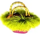 Bamboo Handles Handbag Straw Handbag With Faux With Green Fur