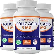 Vitamatic 3 Pack - Folic Acid 5mg (5000 mcg) - 120 Vegetarian Tablets - (Vitamin B9 Folate) (Total 360 Tablets)