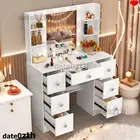 7 Drawers Vanity Makeup Dressing Table White Dresser Desk with LED Light Mirror