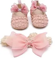 [kuner] Infant Baby Girls Mary Jane Flats with Crown Headband Soft Sole Non-Slip PU Leather Princess Dress Shoes for Wedding First Walkers Lightweight Sparkly Design