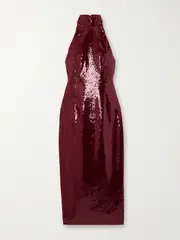 [Rebecca Vallance] Rebecca Vallance - Zelda Bow-detailed Sequined Satin Midi Dress - Red - UK 12 UK 12 Red