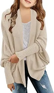 [Laseily] Girls Open Front Cardigan Sweaters Batwing Long Sleeve Shawl Collar Ribbed Knit Winter Coats