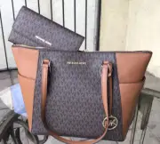 Michael Kors PVC Leather Brown Shoulder Tote Purse Bag Handbag +Trifold Wallet