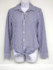 Vineyard Vines XS Top Shirt Blue White Striped Button up Collar LS Tie Top 2