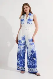 Viscose Linen Scenic Print With Top Stitch Belted Woven Jumpsuit