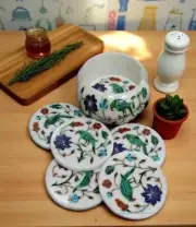 4" Marble Coaster Set with Holder Parrot Inlay Multi Floral Art Dining Table Dec