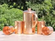 Pure Copper Jug Pitcher with 4 G Wand Copper Tumbler Glass Capacity: 50 Fl oz