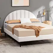 Furb Bed Frame Single King Slingle Double Queen King Wooden Bed Base Boucle Fabric Bedroom White