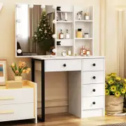 White Dressing Table with 10 Led Blubs Dimmer Sliding Mirror 5 Drawers Bedroom