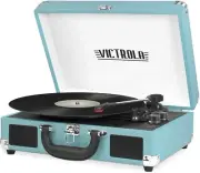 Vintage 3-Speed Bluetooth Suitcase Record Player with Built-In Speakers in Aqua