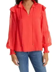 TED BAKER CAMILMI WOMENS BLOUSE LONG SLEEVE RUFFLE CORAL RED SIZE 1 (US 0-2)