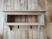Oak Wood Coat Rack with Shelves. Wall-Mounts. 2 Metal Hooks (Black). Handmade.