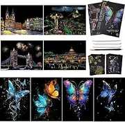 Scratch Art Paper for Adults, A4 with 4 pcs Landscape City, 4 Pcs Glow Butterfly, 10 Pcs Rainbow Black, 10 Pcs Golden Blank Scratch Paper, 4 Styluses, Scratch Off Magic Paper Crafts Kits