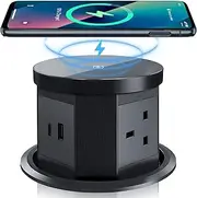 Pop up Power Sockets with 15W Wireless Fast Charger, Touchscreen Automatic Pop up Socket with 3 x UK Plugs, 1x USB & 1x Type C Port for Home Office Kitchen Worktops Desktop