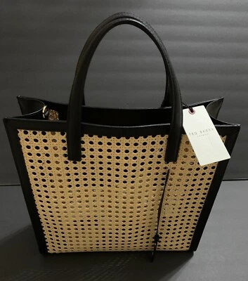 Ted Baker London Flo June Wicker Rattan Tote, Handbag. Black & Tan. Beige Strap