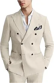 [Autrl] Mens Suits Linen 2 Piece Suit for Men Peak Lapel Slim Fit Suits Set Double Breasted Tuxedos for Wedding Prom