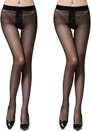 [TUONYIS] 2 Pairs Women's Sheer 30D Tights High Waist Fishnet Tights Womens Black Patterned Fishnet Net Tights Black Tights for Women Thigh High Stockings Suspender Pantyhose Ladies Pantyhose, One Size