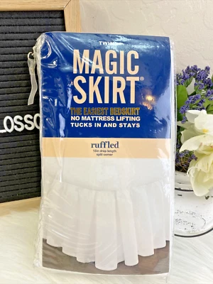 Magic Skirt For Twin Bed White Ruffled 15" Drop Length Wrap Around