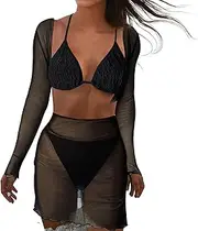 [VIARY] Women's Tie Dye Halter Triangle Bikini Set, 4-Piece High-Cut Swimsuit with Beach Cover-Up Dress, Black, S