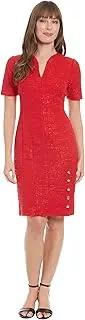 [London Times] Women's Elegant Short Sleeve V-Neck Sheath Knee Length with Gold Button Detail-Versatile Cocktail Dress
