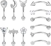 [Sanfenly] 12Pcs 16G Hypoallergenic Stainless Steel Curved Barbell Eyebrow Rings For Women Men Rook Daith Cartilage Earrings Labret Lip Monroe Rings CZ Petite Belly Button Ring 8mm
