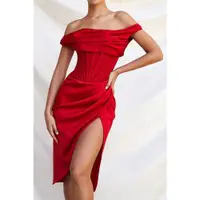 在飛比找ETMall東森購物網優惠-Red Party dress紅色單斜肩晚會派對性感魚骨禮服
