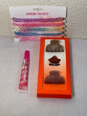 3 PK Beauty Set, Hair Clips, Lip Gloss & Paris Blue Tattoo Choker Necklaces