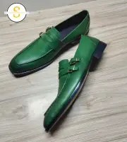 Made to Measure Handmade Green Leather Moccasin Slip On Monk Strap Dress Shoes