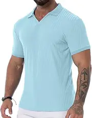 [QIXING] Men's V-Neck Polo Shirt Slim Fit Short Sleeve Ribbed Knit Golf T Shirt Casual Summer Shirt for Men UK for Work