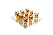 Maxam Shot Glass Tic Tac Toe Set - 9 Alcohol Shooters with X and O Marks, Clear Glass Playing Board