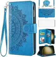 [Asuwish] Mobile Phone Case for Samsung Galaxy S23 Ultra 5G Case with Strap and Screen Protector Card Slot Foldable Leather Flowers Wallet Stand S23Ultra 23S S 23 23Ultra Protective Phone Case Blue