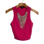 Julia By Love J Tank Top Women's Size S Pink Ribbed Rhinestone Fringe Crop NEW